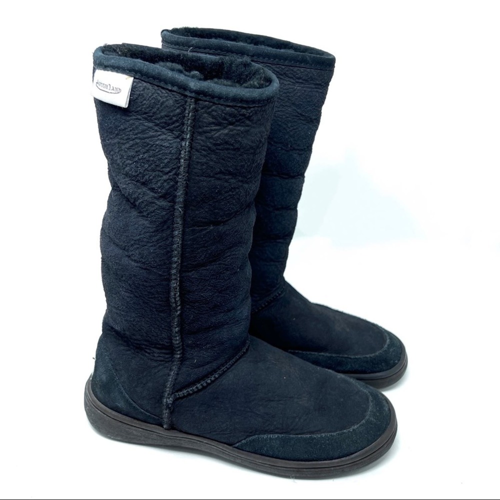 Ugg Aussie Land Black Leather Mid Shaft Cozy Sheep Skin Boots